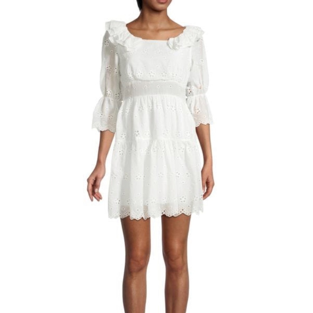 Eyelet-embroidered mini tiered dress